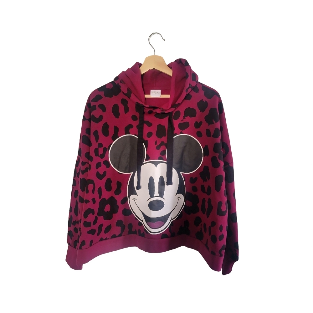 DISNEY Mickey Mouse Womens Burgundy Leopard Print Hoodie Size 1X